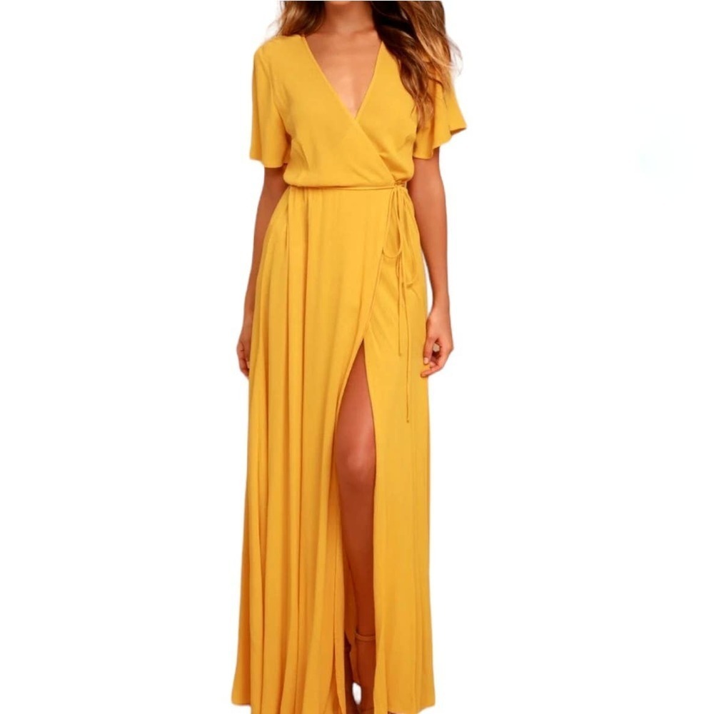 Lulus Much Obliged‎ Mustard Yellow Crinkle Maxi Dress S Wrap Flutter Sleeve